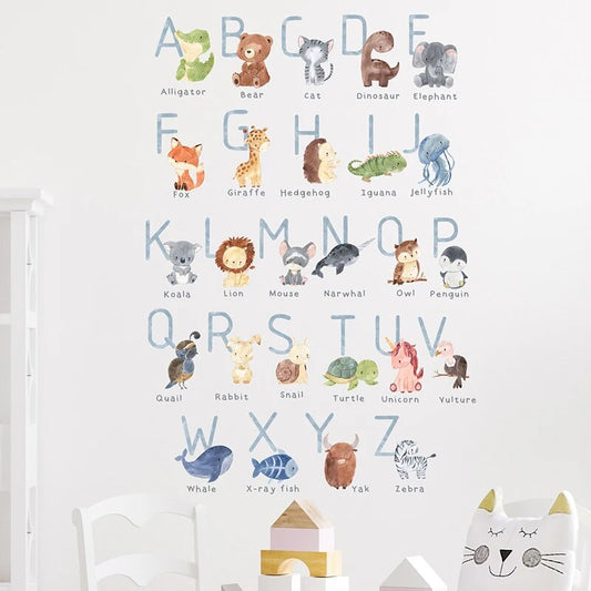 Watercolor Cartoon Animals Alphabet Wall Stickers